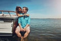 You float my boat, babe. a young couple spending time together on a yacht. Royalty Free Stock Photo