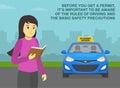 Before you get a permit, it`s important to be aware of the rules od driving and precautions. Femalte student driver reading a book