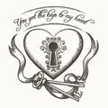 You got the keys to my heart vintage hand drawn vector illustration with ribbon isolated on white background Royalty Free Stock Photo