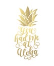 You had me at aloha golden card with hand drawn lettering and pi