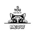 You Had Me At Meow. Vector Poster with Cat Quote and Monochrome Hand Drawn Black and White Hiding Peeking Cute Kitten