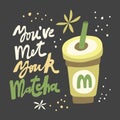 You have met your Matcha. Flat vector illustration Matcha iced latte on black background with hand drawn calligraphy Royalty Free Stock Photo