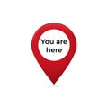 You are here pointer on web map. Red pointer marked you are here graphic sign of travel.