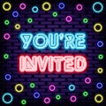 You are invited Badge in neon style. Bright signboard. Announcement neon signboard.