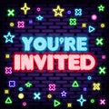 You are invited Badge in neon style. Neon script. Night bright advertising.