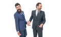 Are you kidding me. Men bearded wear formal suits. Well groomed business men laughing. Partnership and teamwork. Men Royalty Free Stock Photo