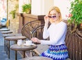 Are you kidding me. Woman drink coffee cafe terrace urban background defocused. Girl cafe drink coffee waiting waitress Royalty Free Stock Photo