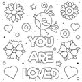 You are loved. Coloring page. Black and white vector illustration.