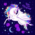 You are magical. Beautiful rainbow unicorn among the stars and roses. Vector.