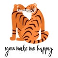 You make me happy quote. Cute tigers in love. Couple of kissing romantic animals