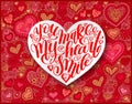 you make my heart smile calligraphy design on red paper hand drawing heart shape