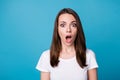 You must be kidding. Closeup photo of attractive shocked lady open mouth bad mood speechless listen awful terrible