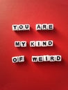 You are my kind of weird words on a red background funny sayings