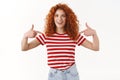 You need me. Proud boastful confident good-looking redhead curly stylish woman pointing herself suggest own candidature