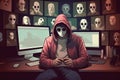 You never know who is behind your screen. Anonymous mask to hide identity in front of a computer - internet criminal