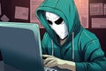 You never know who is behind your screen. Anonymous mask to hide identity in front of a computer - internet criminal