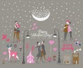 You are the one. Valentines day greeting card in vintage style with cute couples, moon and stars