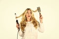 You pick the style. woman curling hair. sexy woman has long curly blond hair. girl at hairdresser. girl With Long Blonde Royalty Free Stock Photo