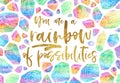 Hand drawn inspiration quote with rainbow decorative minerals, crystals and gems. Golden typography