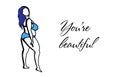 You`re beautiful. Bodypositive concept. Accepting oneself. Fat woman in a swimsuit. Motivacin inscription