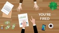 You`re fired illustration with man pointing to another man, and paperworks, money and folder document on top of table Royalty Free Stock Photo