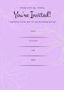 You\'re invited message in black with floral outline, birthday invite with details space on lilac