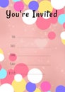 You\'re invited written in black with colourful circles, invite with details space on pink background