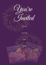 You\'re invited written in white with drinks design, invite with details space on purple background