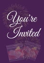 You're invited written in white with pale fireworks and two drinks on invite with purple background