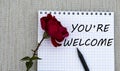 You ,re welcome! - words on a white sheet of paper with a red rose on a gray background Royalty Free Stock Photo