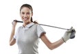 Are you ready for another round. Studio shot of a young golfer holding a golf club behind her back isolated on white. Royalty Free Stock Photo