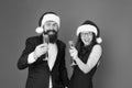 Are you ready. business couple drink champagne. xmas office party. they love new year. greetings concept. formal couple Royalty Free Stock Photo