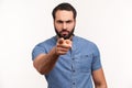 Are you ready? Serious bossy bearded man pointing finger at camera choosing you, scolding and forcing to move on Royalty Free Stock Photo