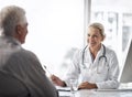 You seem in perfect health to me. a mature female doctor working with a senior male patient in her office in the Royalty Free Stock Photo