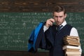 Are you serious Teacher formal wear and glasses looks suspicious, chalkboard background. Chalkboard full of math