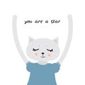 You are a star Kawaii cat girl, closed eyes, pink cheeks, cartoon pet gray blue black isolated on white background. Can be used