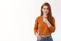 You sure. Doubtful displeased unsure young redhead girlfriend cringe suspicious hesitant frowning pointing index finger