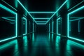 Abstract 3D render of a neon green and blue background with an empty dark room, AI generated