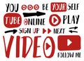 You tube player stickers for vlog, blogging or video channel buttons set. Vector illustration. Flat social media icons. Sign up, p