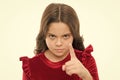 You are warned. Girl kid threatening with fist isolated on white. Strong temper. Threatening with physical attack. Kids