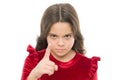 You are warned. Girl kid threatening with fist isolated on white. Strong temper. Threatening with physical attack. Kids