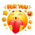 For you web sticker. Yellow emoji cartoon character holding red heart. Emoticon smile face