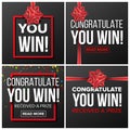 You Win Banner Set Vector. Festive Sign. Realistic Red Satin Bow. Lottery, Surprise, Prize Winner, Concept