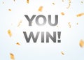 You win vector winner banner background. Competition win word sign