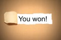 You won message in brown paper envelope torn