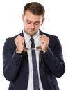 Youbg bussinessman with handcuffs over hands Royalty Free Stock Photo