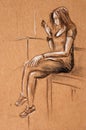 Youg woman seating and looking to smartphone - drawn three colored pencil graphic artistic illustration on craft paper