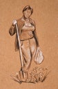 Youg woman standing with shovel and some package - drawn three colored pencil graphic artistic illustration on craft paper