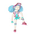 Young girl with blue hair in baseball cap and overalls, vector cartoon hand draw illustration. Teenage young girl in