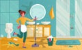 Yound Woman cleaning dirty bathroom. Housewife mopping floor or washing with detergent in bucket. Cartoon toilet or bath room